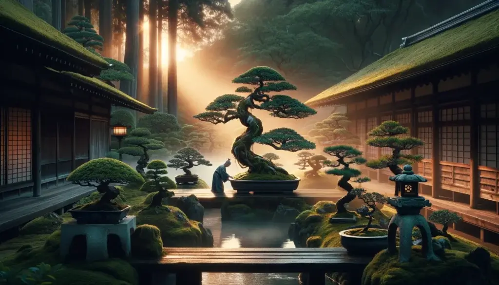 Create a cinematic image that encapsulates the ancient art of bonsai, focusing on the beauty, care, and ethical cultivation practices that contribute to the health and longevity of the trees. The scene is set in a traditional Japanese garden at dawn, with the first light of the day illuminating a collection of bonsai trees on display. Each bonsai tree, varying in species and style, is a testament to the meticulous care and artistic vision that goes into bonsai cultivation. A bonsai master, in traditional attire, is seen tending to the trees, pruning and wiring with precision and respect. This serene setting emphasizes the harmonious relationship between human and nature, showcasing the trees' natural beauty and form as enhanced by bonsai techniques. The garden, with its tranquil ponds, stone lanterns, and moss-covered paths, provides the perfect backdrop to highlight the aesthetic appeal and the deep cultural significance of bonsai. This image aims to convey that bonsai cultivation is not about constraining or harming the trees but celebrating their beauty and vitality through dedicated care and artistic expression.